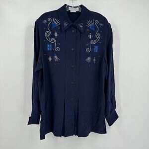 Blue Ice‎ Womens Western Shirt Size 10 Silk Beaded Embroidered Vintage Boho